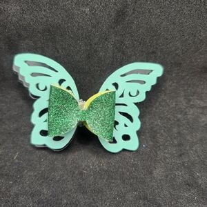 Hand Crafted Green Glitter Butterfly Hair Clip Bow Barette Faux Leather